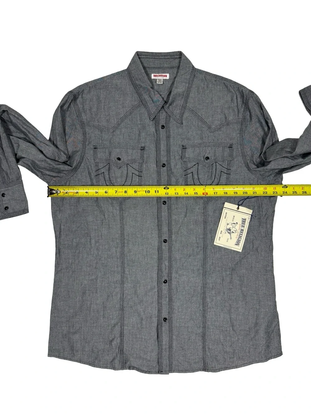 True Religion Western Pearl Snap Chambray Shirt Mens XL Black Gray Pockets NWT